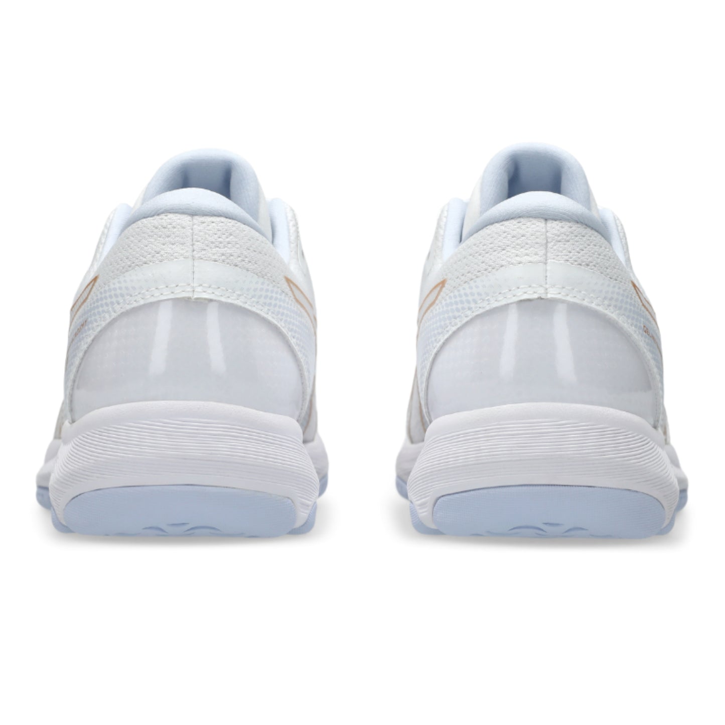 White netball shoes with blue accents on a white background