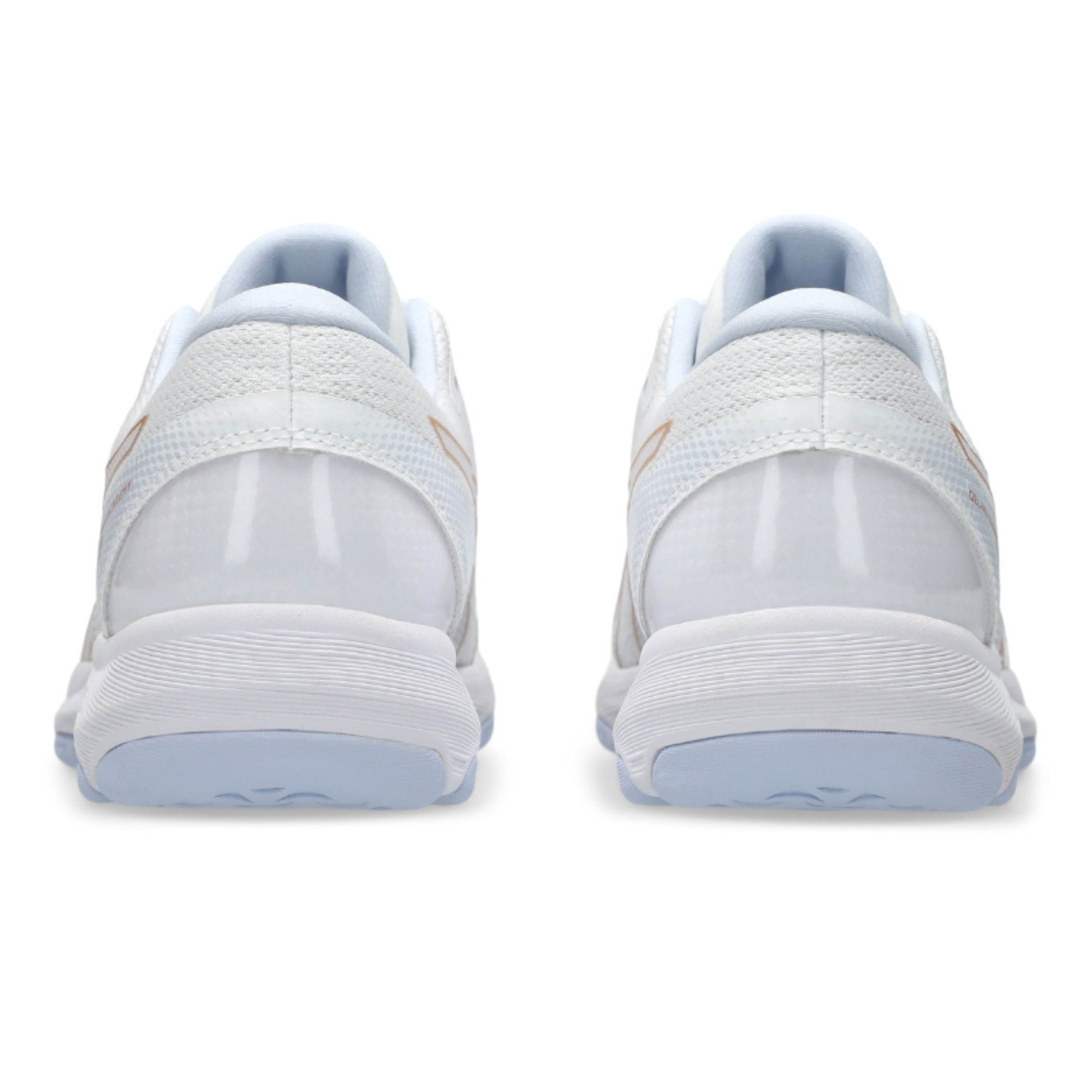 White netball shoes with blue accents on a white background