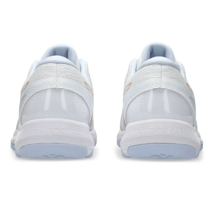 White netball shoes with blue accents on a white background