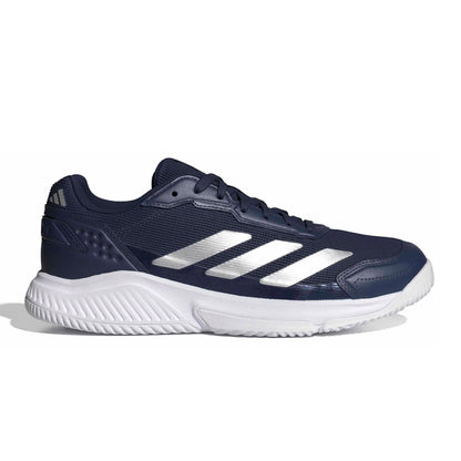 Navy adidas padel shoe with the white logo and a white sole on a white background