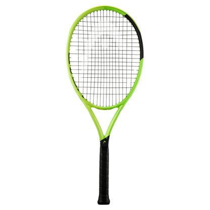 A Head tennis racket with a bright neon green frame and black grip, shown vertically against a plain white background.