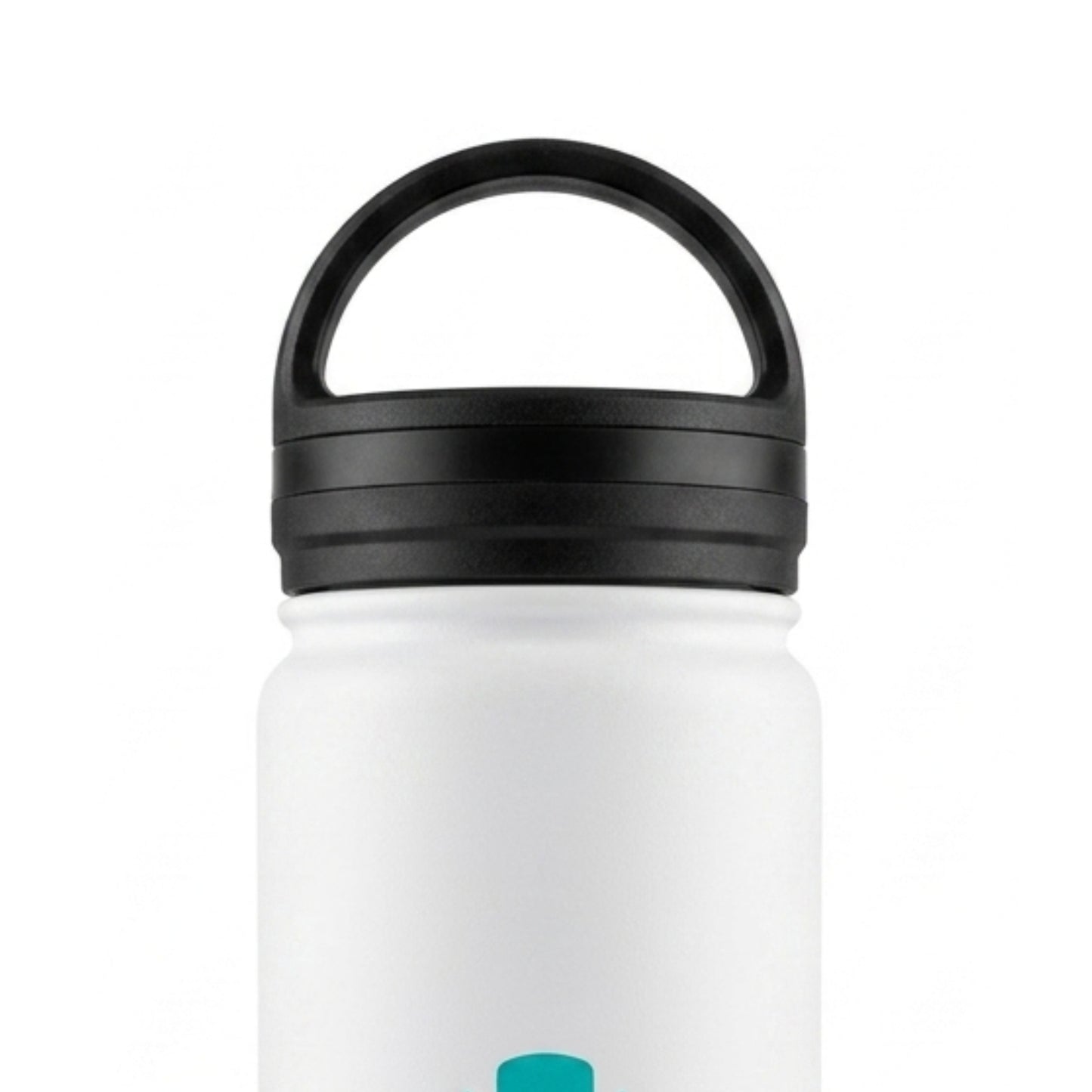 White water bottle with a black cap on a white background