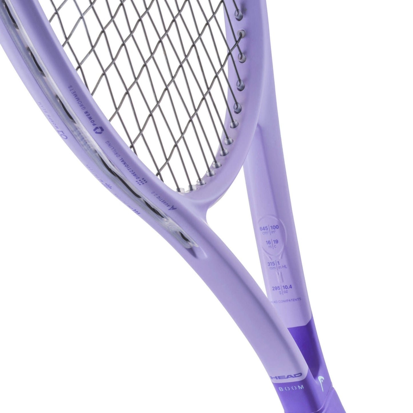 Close-up of a purple Head tennis racket with brand logo on a white background