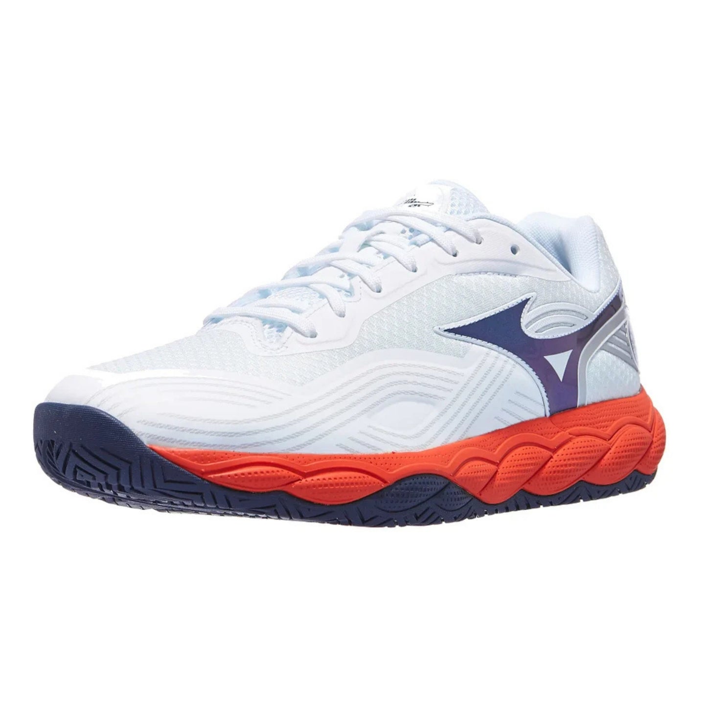 A white Mizuno tennis shoe with a purple logo, a bright orange midsole accent, and a dark navy outsole, shown from a side profile on a white background.