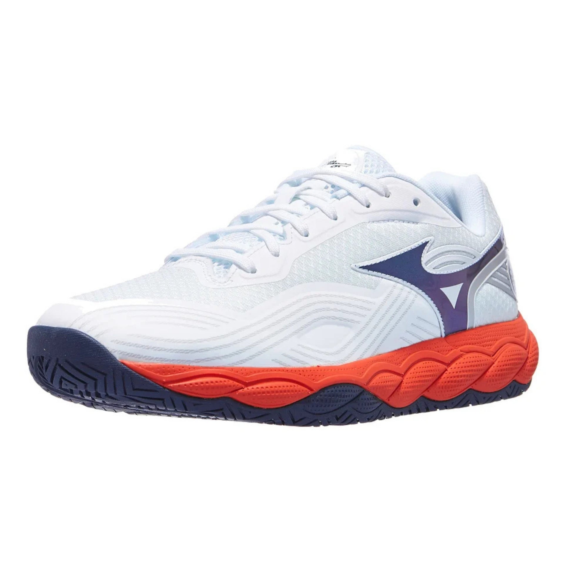 A white Mizuno tennis shoe with a purple logo, a bright orange midsole accent, and a dark navy outsole, shown from a side profile on a white background.
