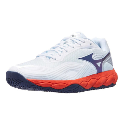 A white Mizuno tennis shoe with a purple logo, a bright orange midsole accent, and a dark navy outsole, shown from a side profile on a white background.