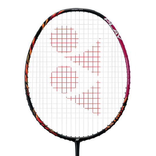 Close-up of a badminton racket with a white background