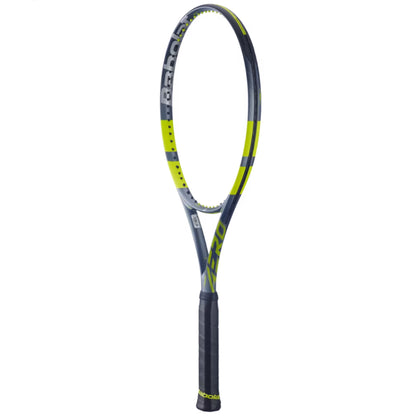 Tennis racket with black and yellow design on a white background