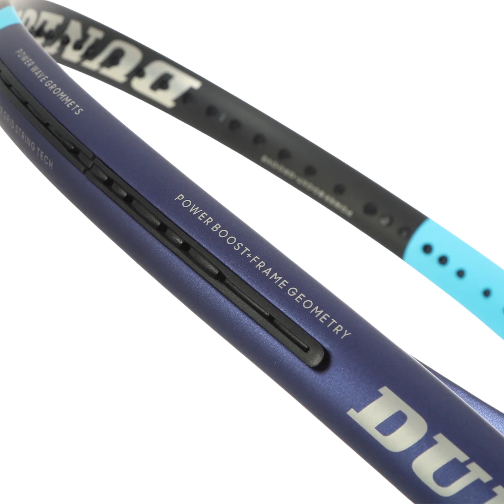Close-up of a Dunlop Tennis racket showing the blue-purple carbon fiber shaft with white 'DUNLOP' branding, the black power lace envelope, and a light blue grip end on a white background.