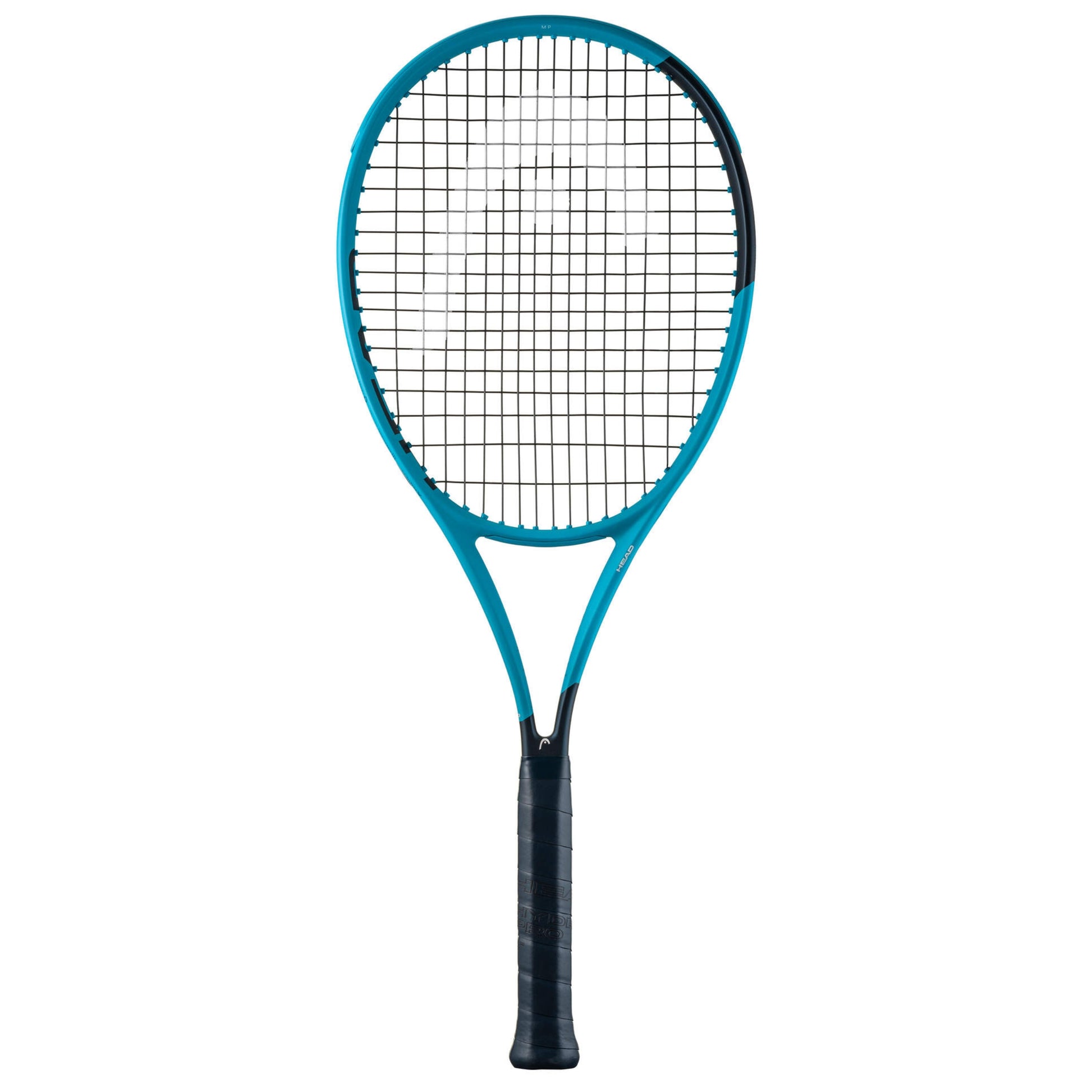 Head tennis racket with blue frame and black handle on a white background