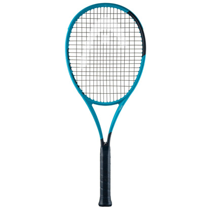 Head tennis racket with blue frame and black handle on a white background