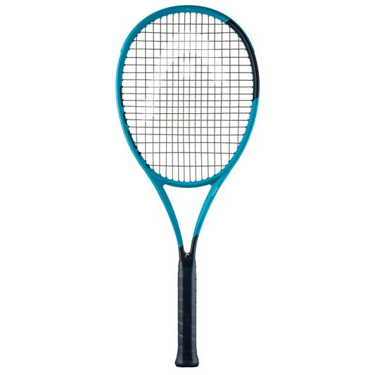 Head tennis racket with blue frame and black handle on a white background