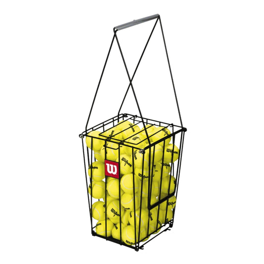 Basket caddy filled with tennis balls featuring a Wilson logo on a white background