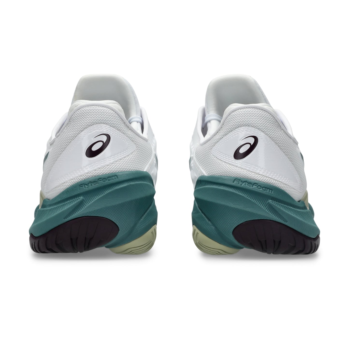 Back view of a Asics shoe with a green sole on a white background