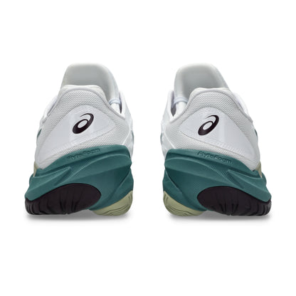Back view of a Asics shoe with a green sole on a white background