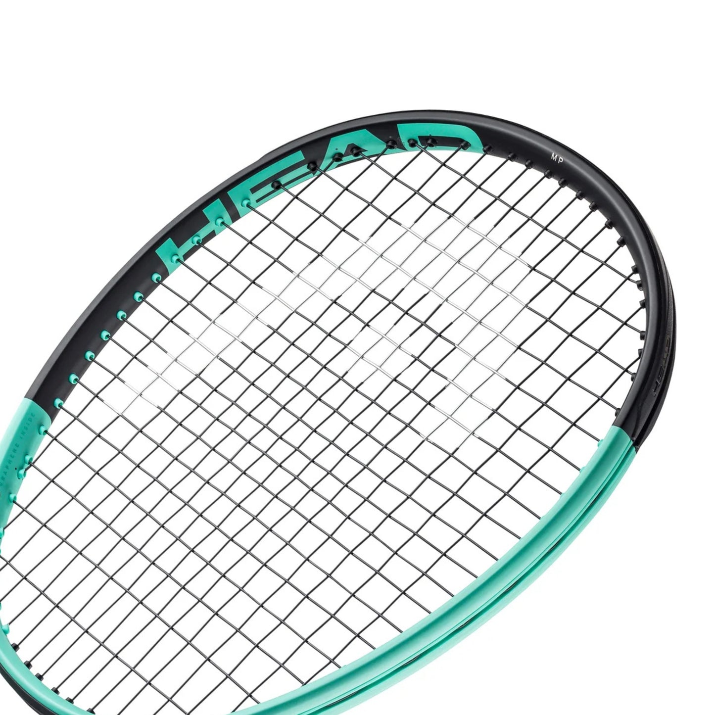 Close-up of a Head tennis racket with teal and black frame on a white background