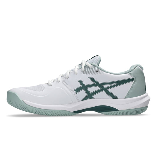 White and green tennis shoe on a white background