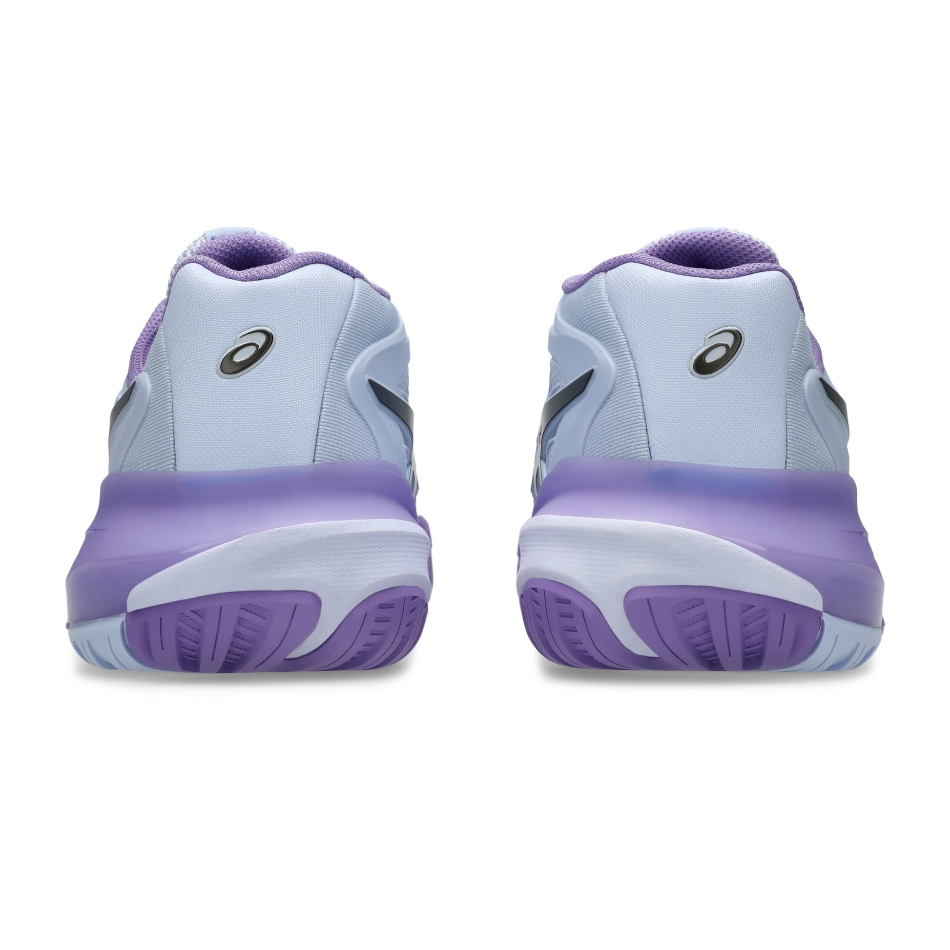 A pair of Asics tennis shoes shown from the rear, featuring a light blue and lavender purple colorway with black logo details, set against a plain white background.