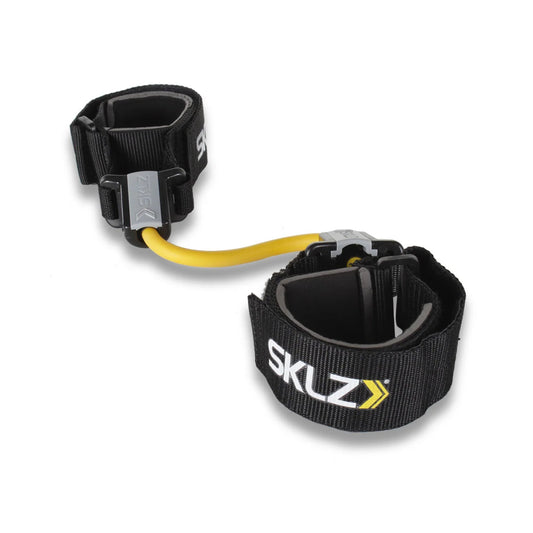Black wrist straps with yellow resitor band on a white background, featuring the SKLZ logo.