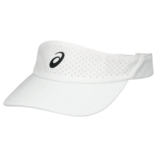 White Asics visor with black logo on a white background