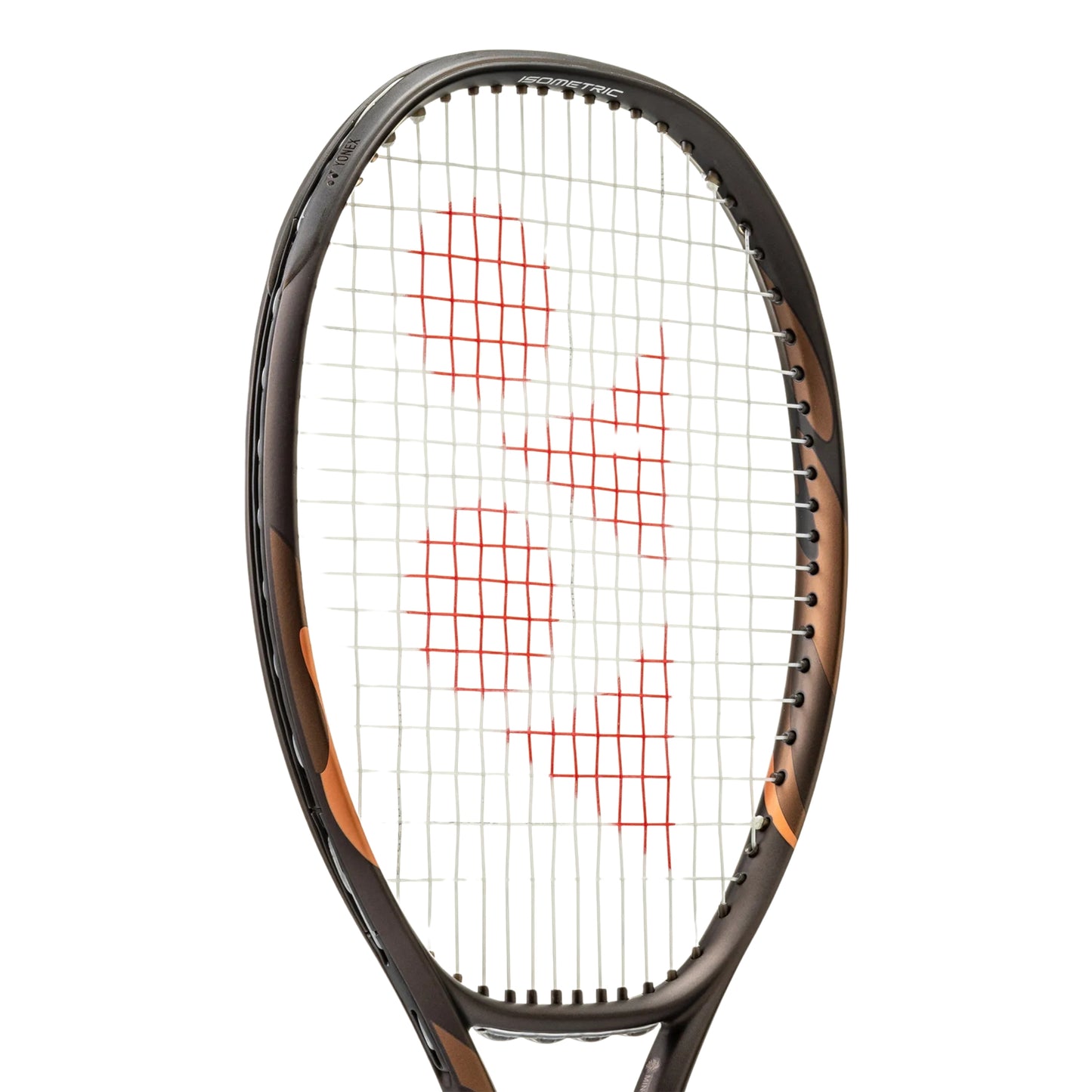 A close-up of a Yonex tennis racket head on a white background, featuring a dark brown and black frame with orange accents and red string patterns.