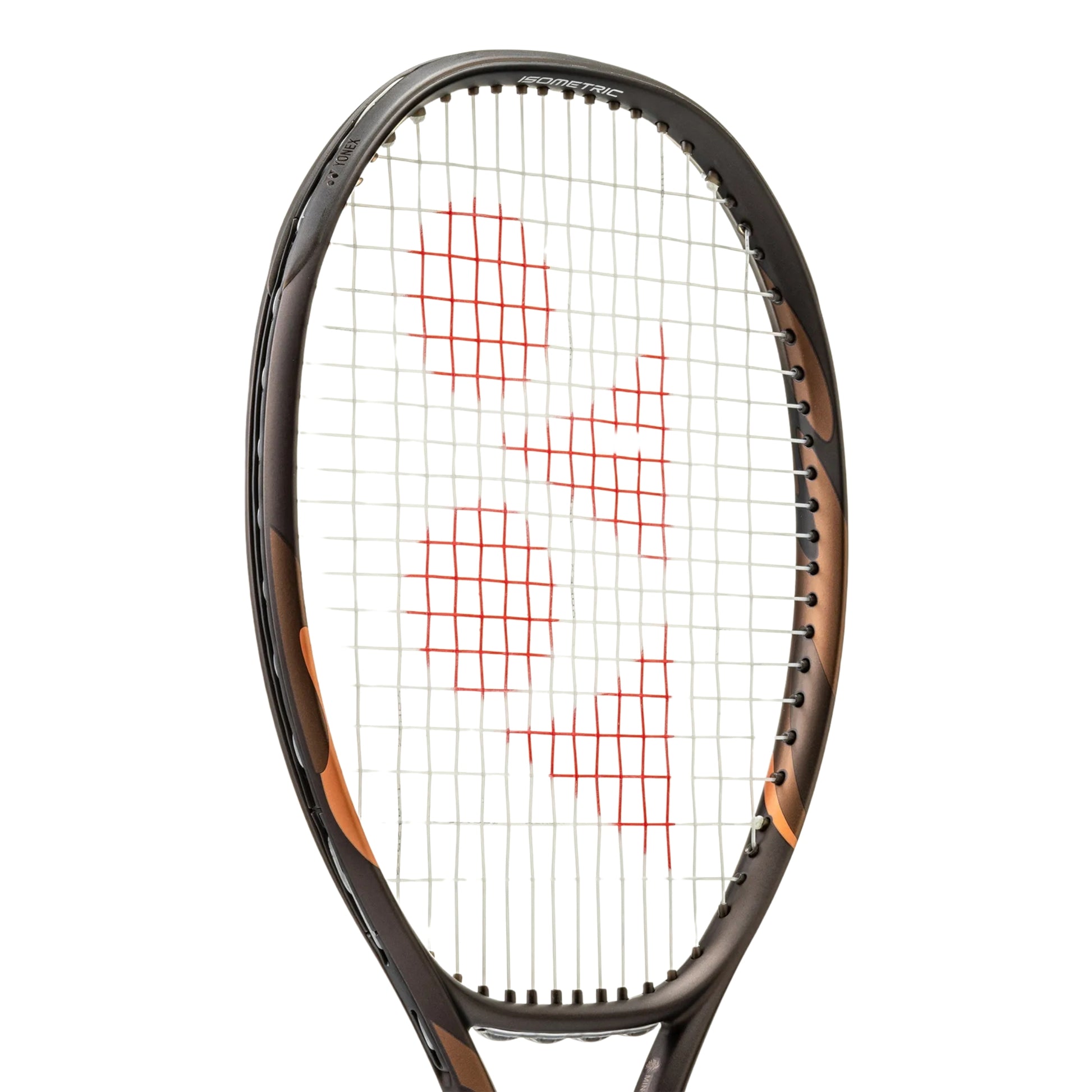 A close-up of a Yonex tennis racket head on a white background, featuring a dark brown and black frame with orange accents and red string patterns.