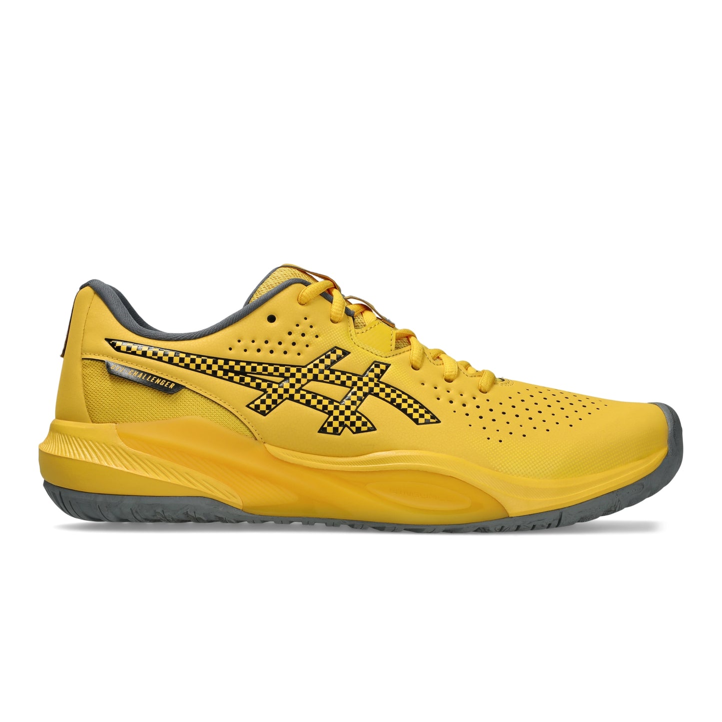A yellow Asics tennis shoe with a black and yellow patterned logo, shown in a side profile view against a white background.