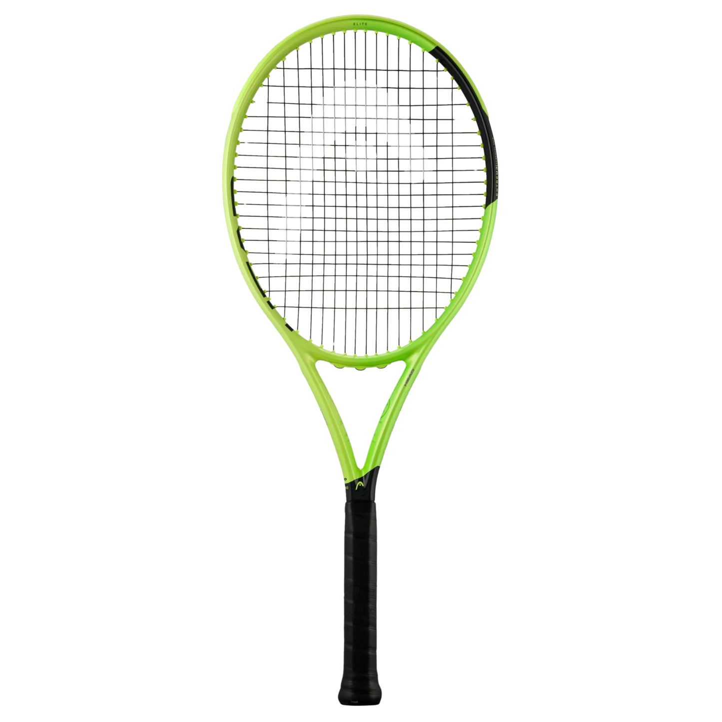 A Head tennis racket with a bright neon green frame and black grip, shown vertically against a plain white background.
