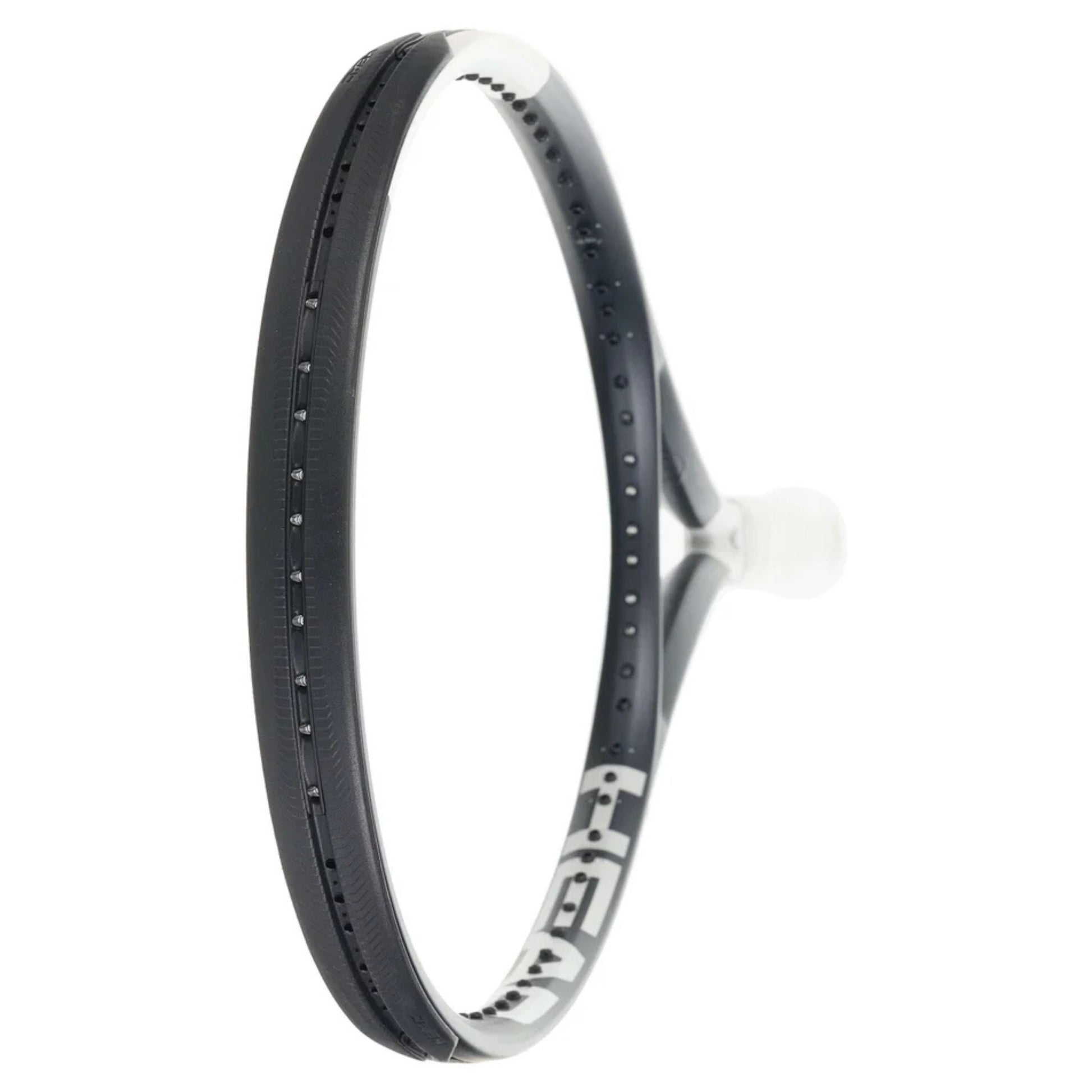 Tennis racket with black frame and white strings on a white background