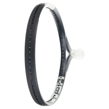 Tennis racket with black frame and white strings on a white background
