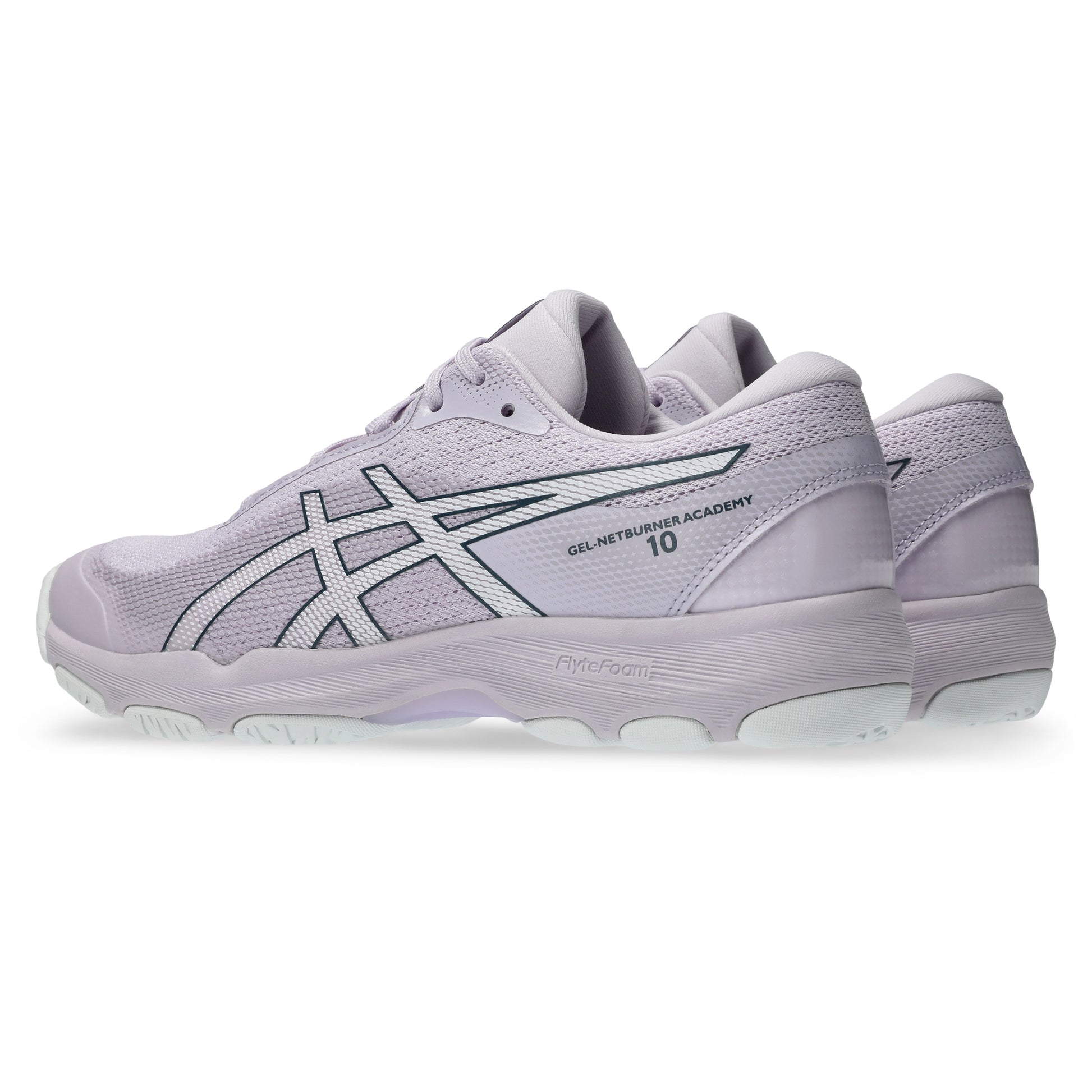 Light pink Asics shoes with black accents on a white background