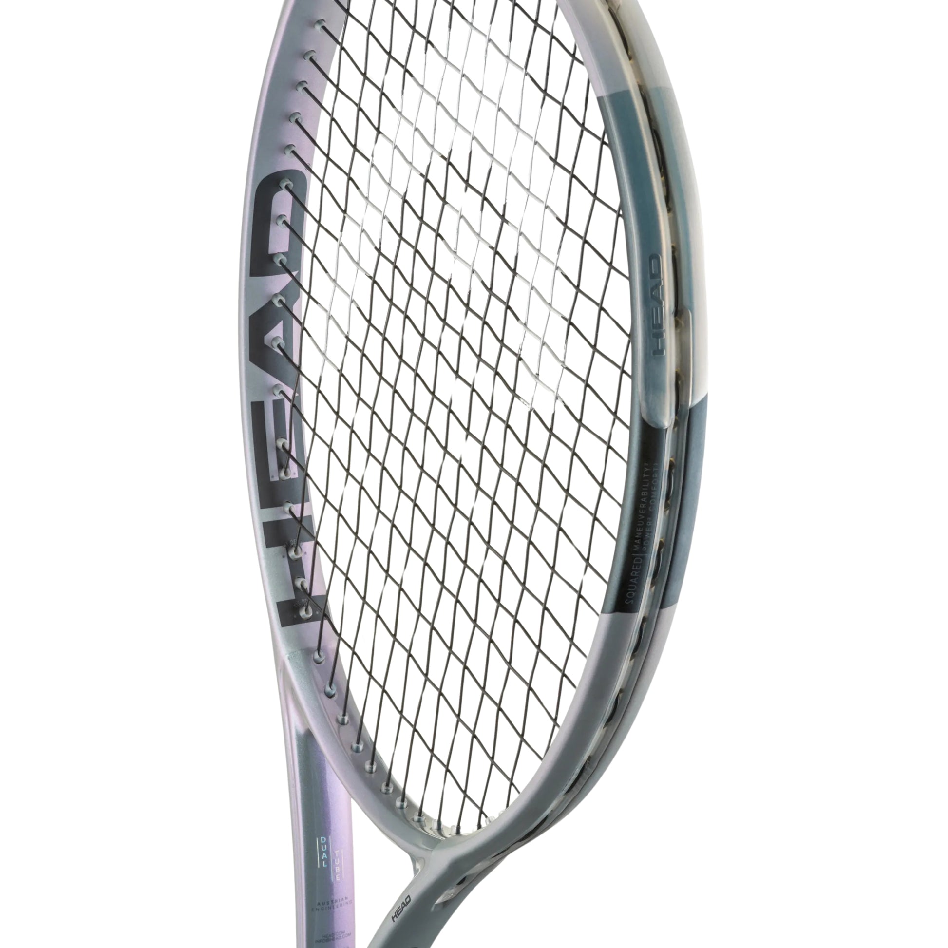 Close-up of a tennis racket with a white background