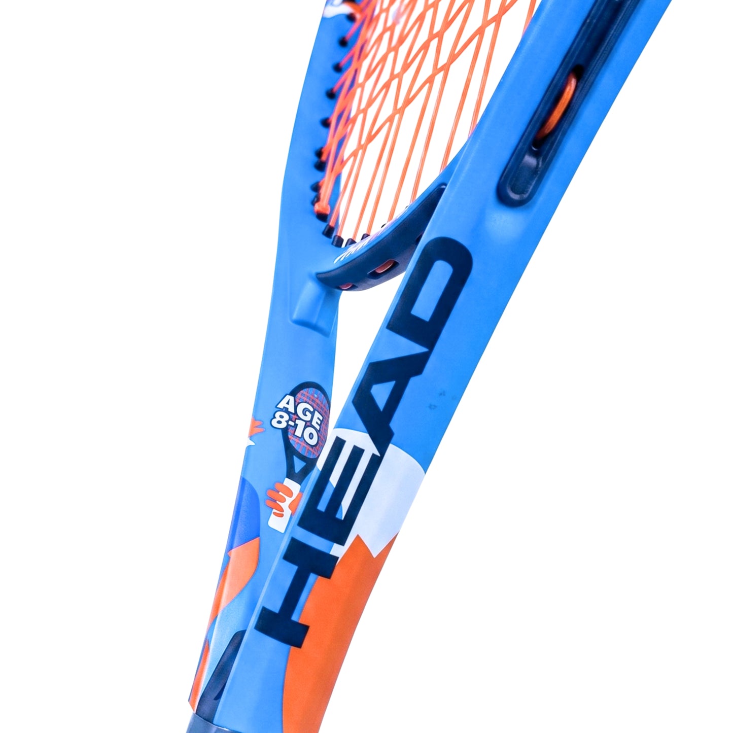 Close-up of a HEAD tennis racket showing the blue frame with orange and white accents, orange strings, and the HEAD logo on a white background.