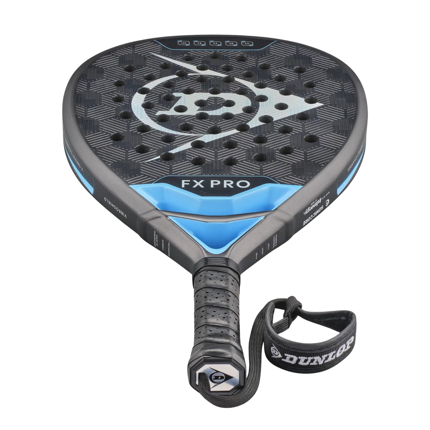 Dunlop padel racket with blue and black design on a white background