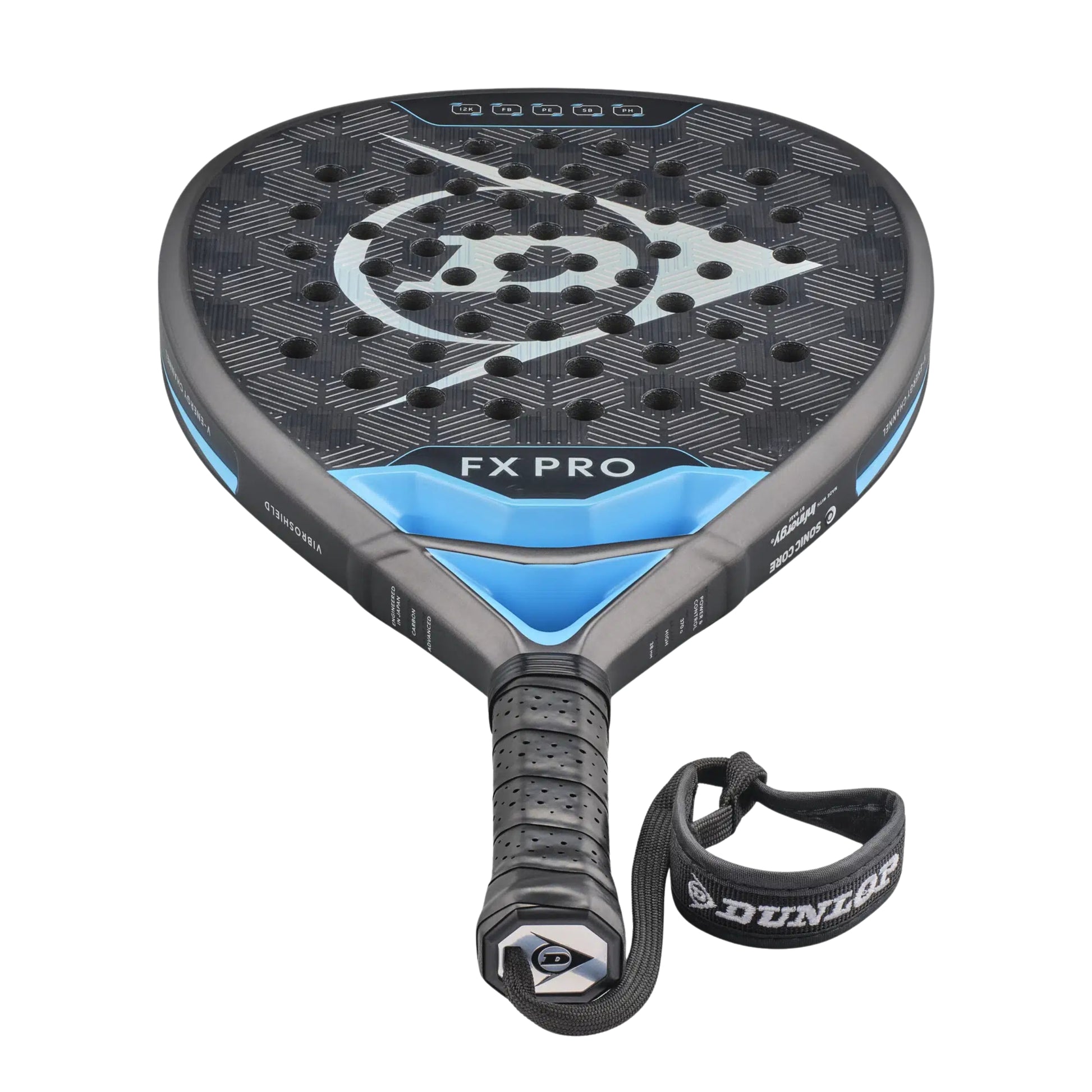 Dunlop padel racket with blue and black design on a white background