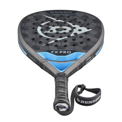 Dunlop padel racket with blue and black design on a white background