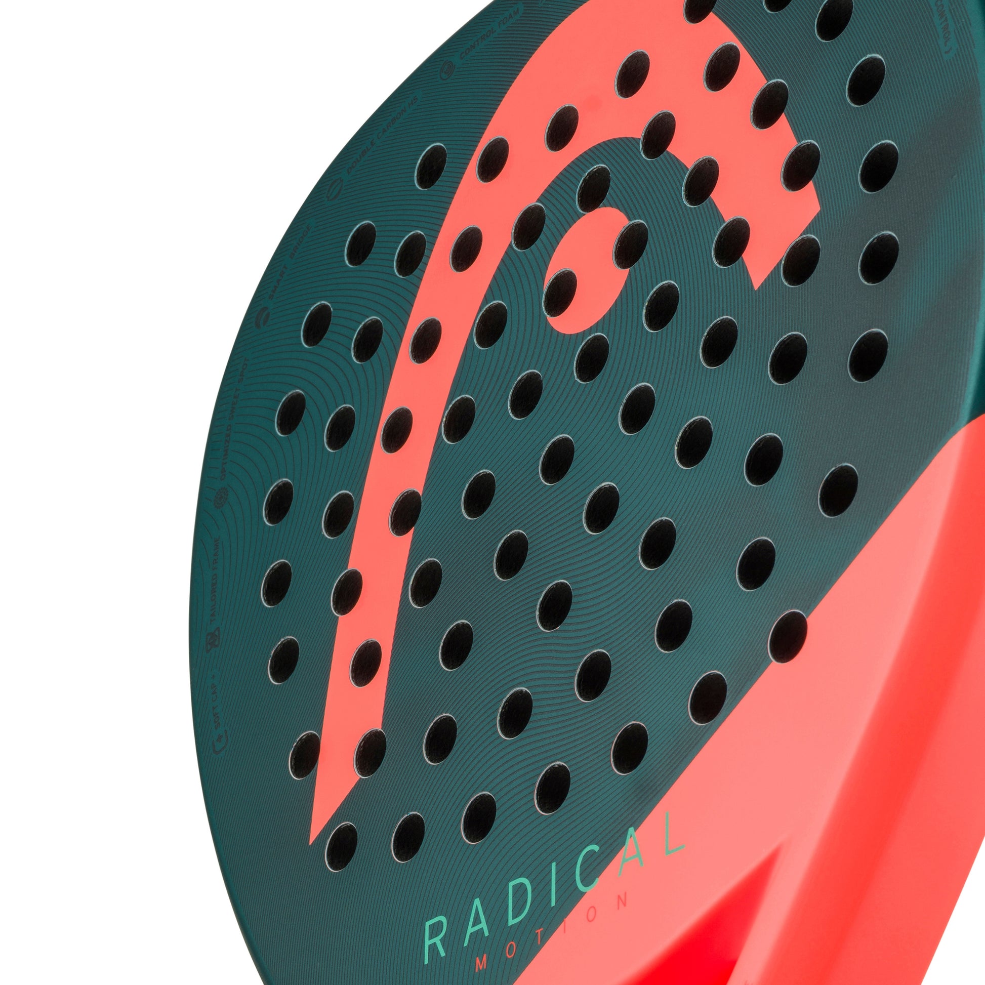Close-up of a Head padel racket with a red and dark green design on a white background