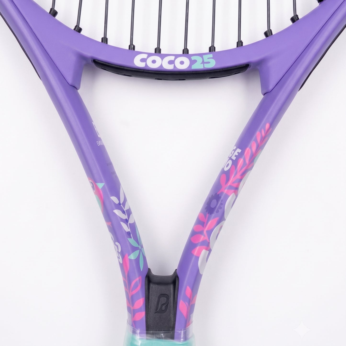 Close-up of a purple Head Coco 25 tennis racket with floral accents in pink, teal, and white, featuring black strings and a black grip cap on a white background.
