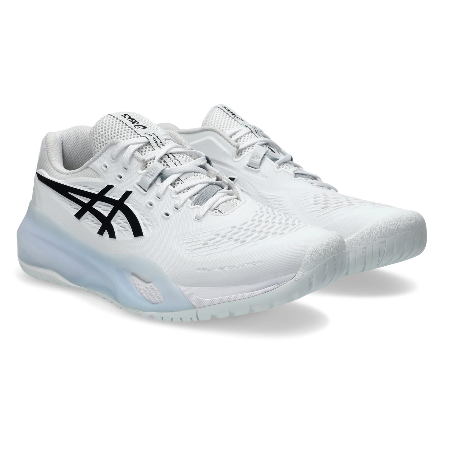 White tennis shoes with black logo on a white background