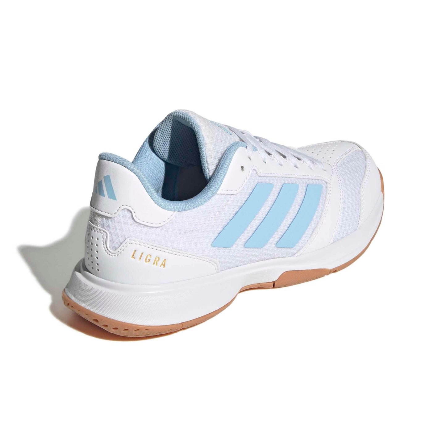 White and blue adidas shoe with the word Ligra on a white background