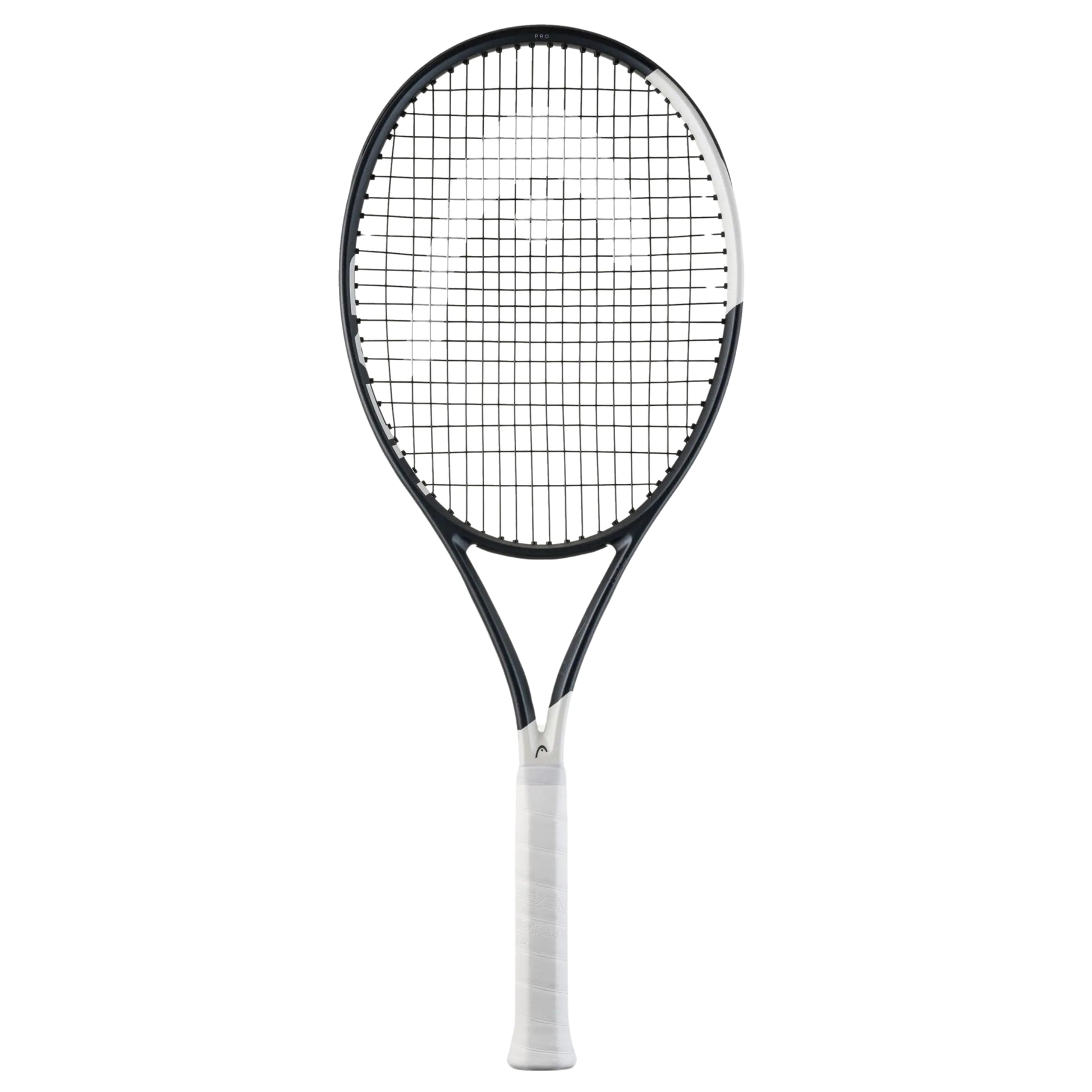 Tennis racket with black strings and white frame on a white background