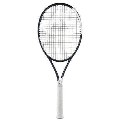 Tennis racket with black strings and white frame on a white background