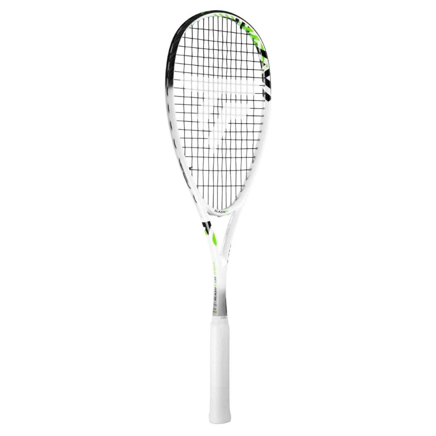 A Tecnifibre squash racket with a white frame, black and green graphic accents, and white strings, shown vertically against a plain white background.