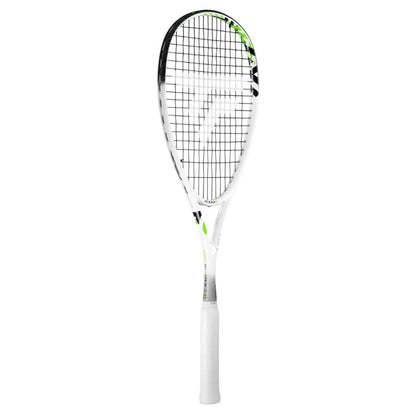 A Tecnifibre squash racket with a white frame, black and green graphic accents, and white strings, shown vertically against a plain white background.