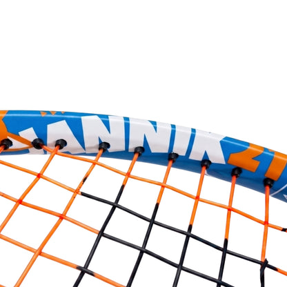 Close-up of a tennis racket frame and strings, showing a blue and orange racket head with white and orange branding, and orange and black strings against a white background.