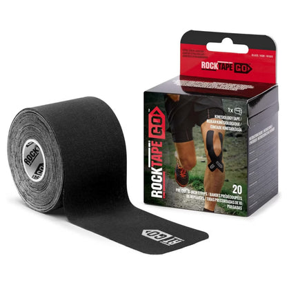 Black kinesiology tape with RockTape packaging on a white background