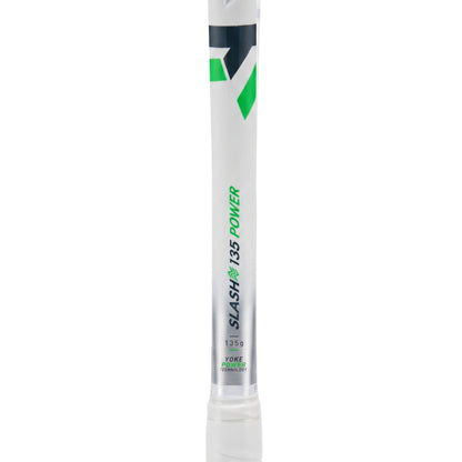 A close-up of a Tecnifibre squash racket shaft, showing the 'SLASH 135 POWER' model branding in green and black on a white background.