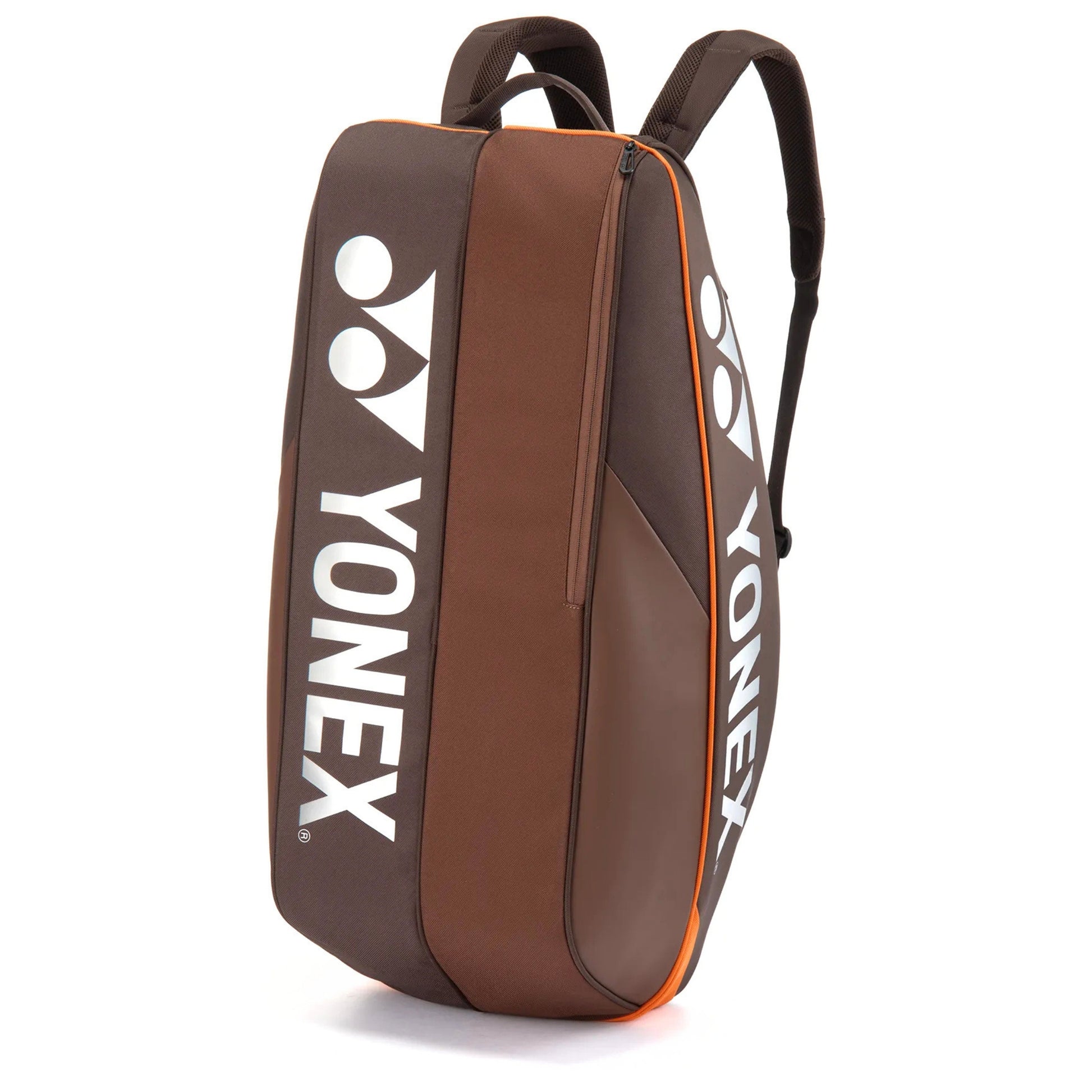 Brown Yonex racket bag on a white background
