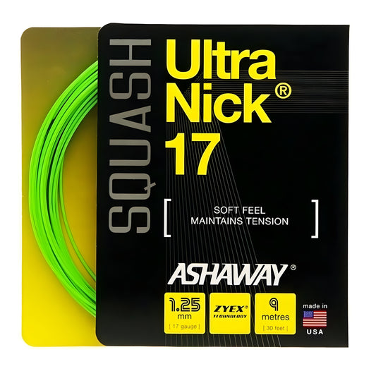 Ashaway Ultra Nick 17 squash string package with green strings on a yellow background