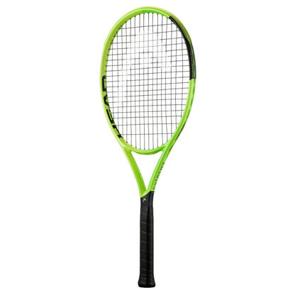 A Head tennis racket with a bright lime green frame and black strings, featuring a black grip handle, shown against a plain white background.